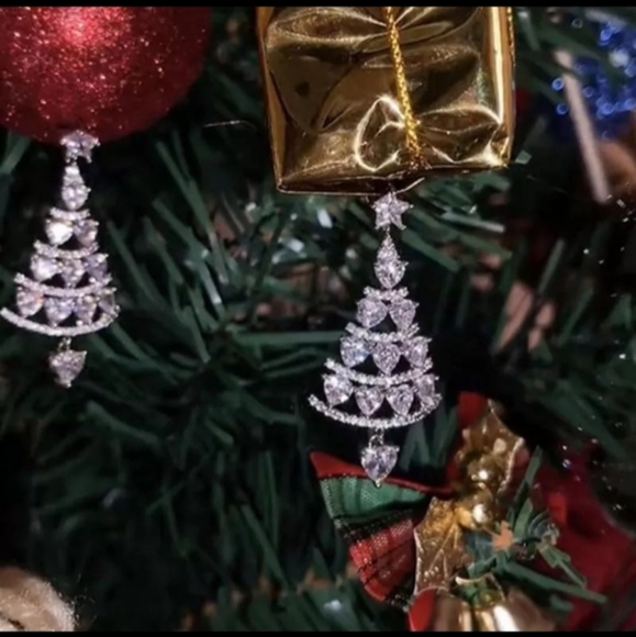 Silver Rhinestone Christmas Tree Heart Star Dangle Drop Earrings - Picture 1 of 8